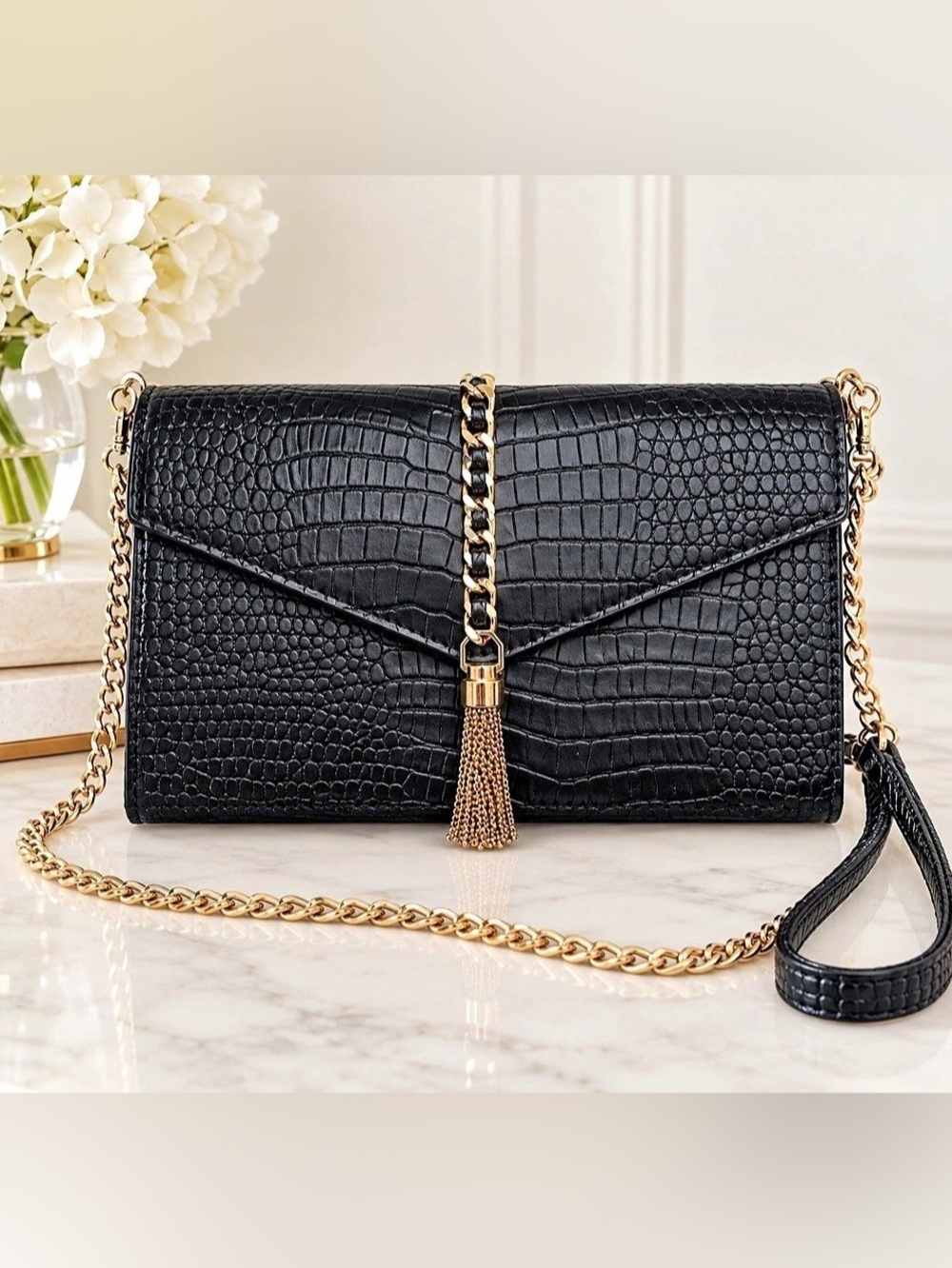 Black Crocodile Embossed Envelope Clutch Crossbody Bag Gold Chain Tassel NWT
